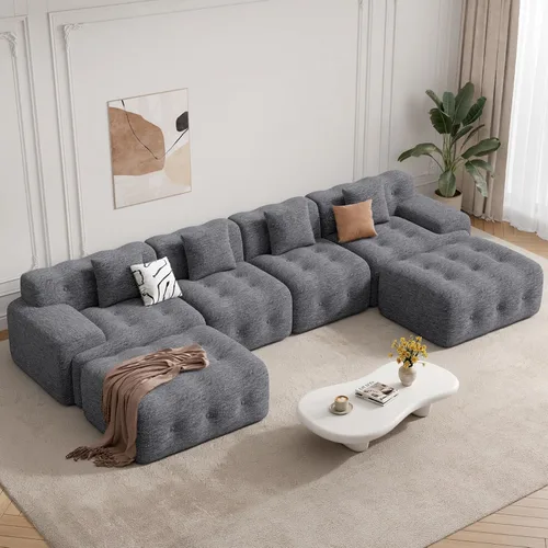 Vista 16 de Sofás modernos sin hueso de 143 pulgadas para sala de estar, sofá nube en forma de U, juego de sofá modular convertible de chenilla, no requiere