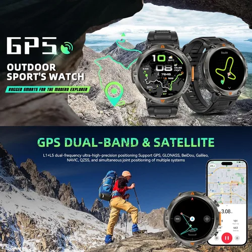 Vista 3 de Relojes inteligentes militares para hombres con GPS incorporado 3ATM impermeable con linterna de llamada/LED, reloj inteligente táctico resistente
