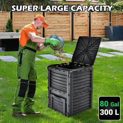 Vista 4 de Happygrill Contenedor de compostaje para exteriores, caja de compostaje con tapa superior con pestillo, compostador de 80 galones para desechos