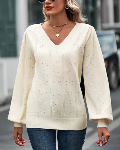 Vista 2 de Suéter de manga larga abombada para mujer, cuello en V suave, cuello cuadrado, suéter de punto vintage para otoño para mujer