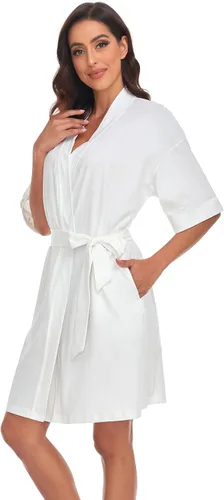 Vista 156 de COLORFULLEAF Bata de baño de manga corta para mujer, 100% algodón, longitud hasta la rodilla, con bolsillos