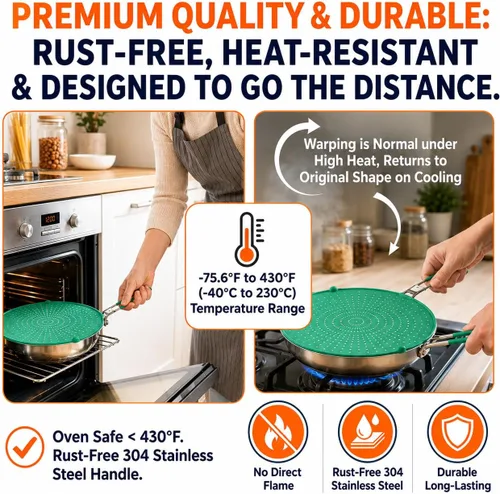 Vista 7 de Pantalla contra salpicaduras de silicona para sartén Verde 13" No más salpicaduras de aceite Mango plegable con fundas, resistente al calor