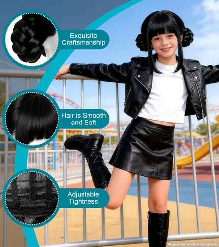 Vista 6 de Peluca negra con moño y flequillo para niños, peluca de cosplay de Negro oscuro