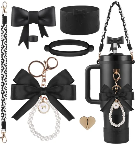 Vista 8 de Set de accesorios negros para vaso Stanley, correa para asa de botella de agua, funda de silicona, cubierta de pajita con lazo, dijes de perla, tapa