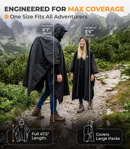 Vista 4 de Foxelli Poncho de lluvia para adultos – Chubasquero impermeable extra largo reutilizable con capucha, ligero para senderismo, campamento, al aire
