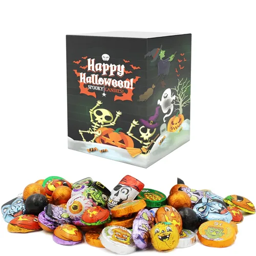 Vista 2 de Surtidos de chocolate misterioso de Halloween, rellenos de bolsas de fiesta de chocolate con leche, láminas espeluznantes de diseño de Halloween