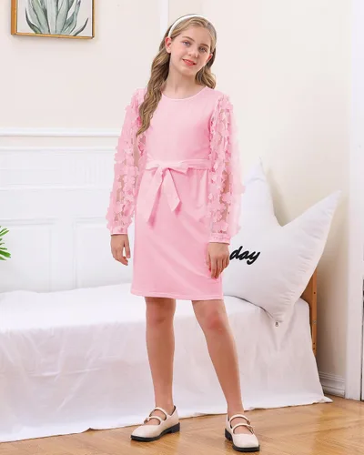 Vista 3 de ALISISTER Vestido formal de malla transparente de manga larga para niñas de 7 a 14 años