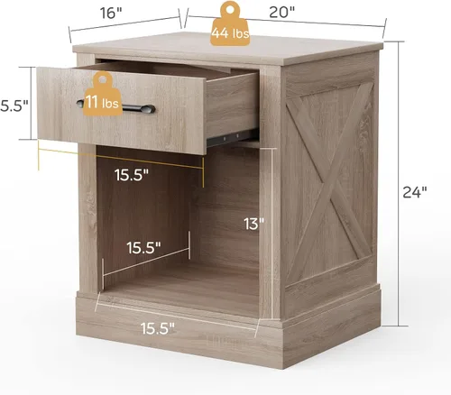 Vista 3 de Giantex Mesita de noche de granja, mesa auxiliar rústica con cajones y compartimento abierto, mesa auxiliar de madera para dormitorio, mesita