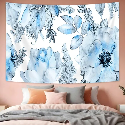 Vista 5 de SAOLUIS Tapiz floral, tapiz de flores azules, tapiz estético floral de acuarela, tapiz floral de poliéster, flores bohemias para colgar en la pared