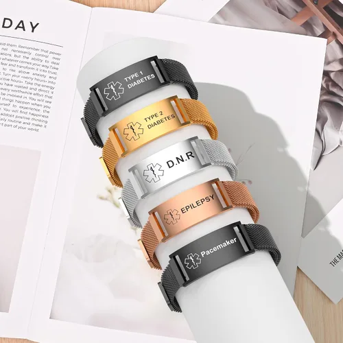 Vista 5 de Pulsera de alerta médica para mujeres y hombres, pulsera ajustable con identificación de alerta médica para epilepsia diabética D.N.R marcapasos