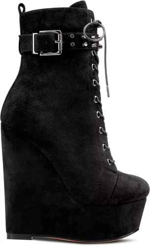 Vista 2 de HDEUOLM Botas de tobillo con tacón de plataforma de cuña alta para mujer, botines cortos con cordones y cremallera Negro