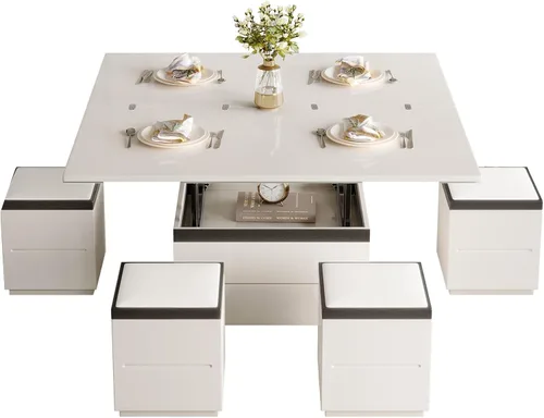 Vista 9 de Guyii Mesa auxiliar elevable de 47 pulgadas con taburetes de almacenamiento, mesas de café blanco 3 en 1, mesa de sala de estar con ruedas para sala