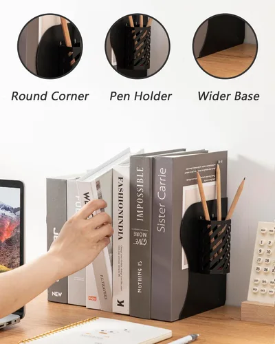 Vista 2 de Sujetalibros Kingsmile, sujetalibros ajustables para estantes, sujetalibros de metal para libros pesados, organizador de topes de libros con porta