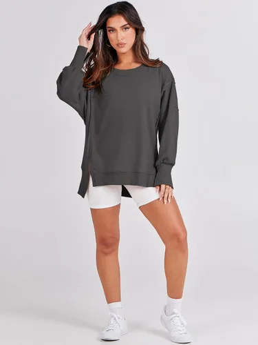 Vista 7 de ANRABESS Sudaderas de gran tamaño para mujer, con cuello redondo, manga larga, casuales y holgadas, con aberturas, ropa de otoño 2025