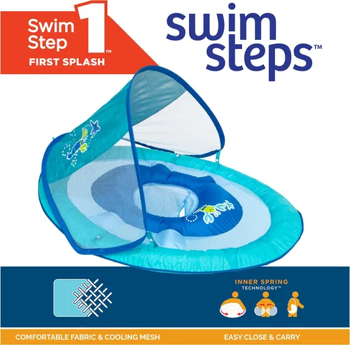 Vista 7 de SwimWays Baby Spring Float with Adjustable Canopy and UPF Sun Protection, Blue Lobster