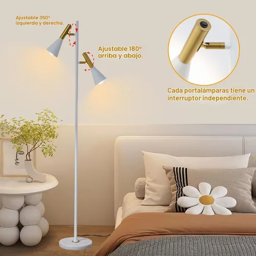 Vista 4 de Elegante lámpara de pie moderna con 2 cabezales ajustables, lámparas de pie blancas y doradas con base de mármol, luz vertical de poste alto Blanco