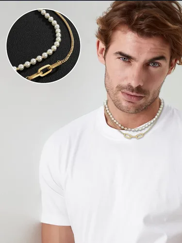 Vista 4 de Collar de perlas para hombre, gargantilla redonda de perlas blancas, collar de perlas de oro, collar de joyería para niños
