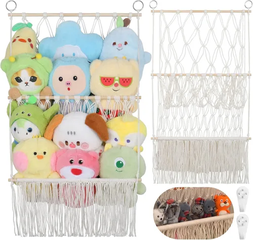 Vista 18 de Red de almacenamiento de animales de peluche de 2 niveles, 17 x 32 pulgadas, organizador grande de animales de peluche para pequeños rellenos