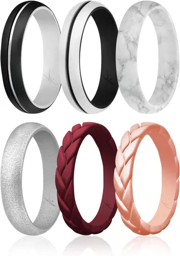 Vista 7 de ROQ - Anillo de boda de silicona para mujer, delgado apilable, bisel en forma de cuchillo, 2.5 mm de ancho, 2 mm de grosor, negro, mármol Blanco