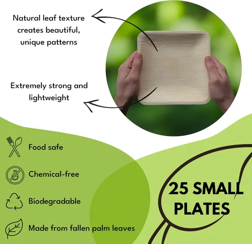 Vista 4 de Platos cuadrados de hoja de palmera – Platos similares al bambú, ecológicos, desechables, compostables y biodegradables para bodas, fiestas