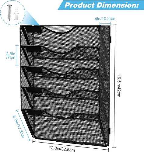 Vista 8 de Soporte para archivos para colgar en la pared, organizador de papel para colgar en la pared, 5 bolsillos, estante de almacenamiento, color negro
