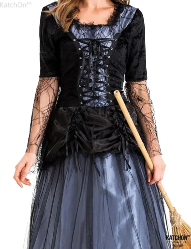 Vista 5 de KatchOn, Disfraz de bruja de Halloween para mujer, disfraz de bruja con sombrero negro Disfraces de brujas malvadas para mujer