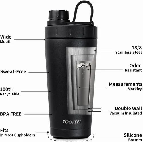 Vista 5 de TOOFEEL Botella agitadora de acero inoxidable - Botella agitadora aislada de doble pared de 20 onzas, mantiene frío/calor, para mezclas de proteínas