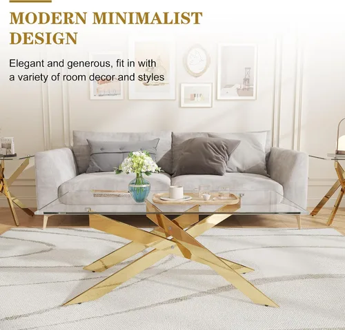 Vista 3 de Mesa de centro de cristal de 47 pulgadas con parte superior de vidrio templado y patas de metal dorado, mesa central rectangular moderna para sala
