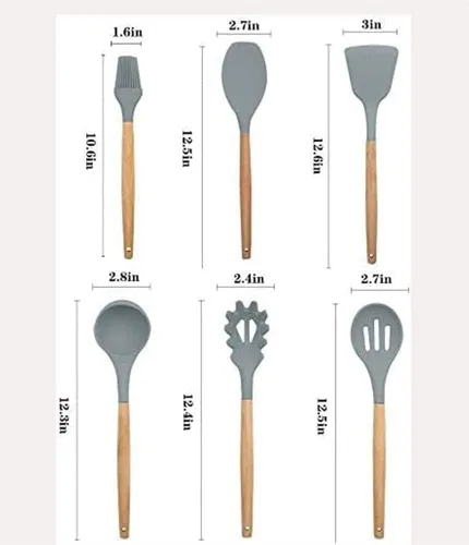 Vista 6 de TOEWOE Juego de utensilios de cocina de silicona, 12 piezas antiadherentes de silicona para el hogar, mango de madera, resistente al calor