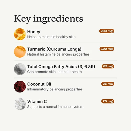 Vista 11 de PetLab Co. - Masticables para aliviar la picazón para perros, 30 masticables suaves, cerdo Omega 3-6-9, cúrcuma y miel para apoyar la piel seca
