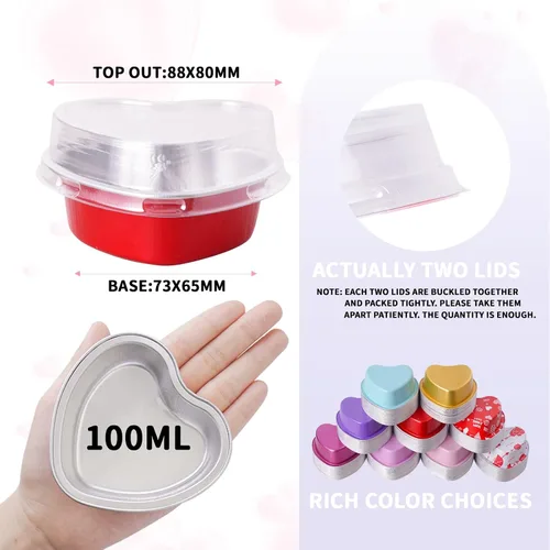 Vista 2 de yeload 60 moldes para pasteles en forma de corazón con tapas, mini moldes de aluminio, 3.4 onzas/3.4 fl oz de papel de aluminio desechable, molde