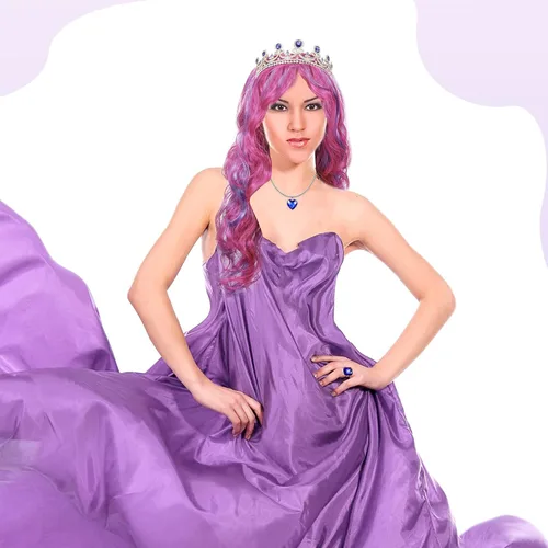 Vista 6 de Conjunto de disfraz de princesa, peluca larga ondulada rosa y azul claro mixta con red para el cabello, corona de princesa azul rey, anillo