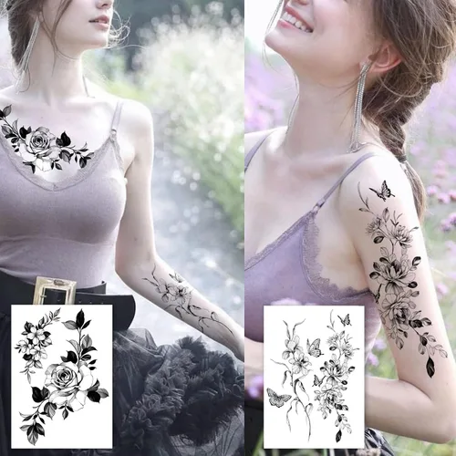 Vista 3 de Tatuajes temporales para mujer, sexy, muslo, pecho, hombro, estómago, flor grande, enormes tatuajes falsos, exquisitos y estéticos, diseñados por
