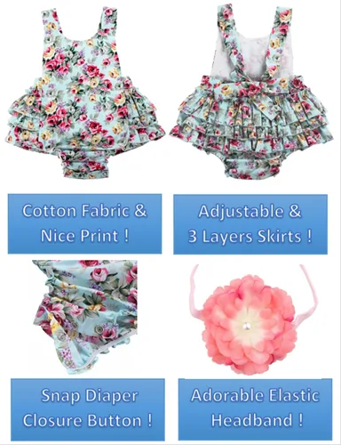 Vista 4 de Mameluco de verano con diseño floral y volantes para niña bebé, con diadema