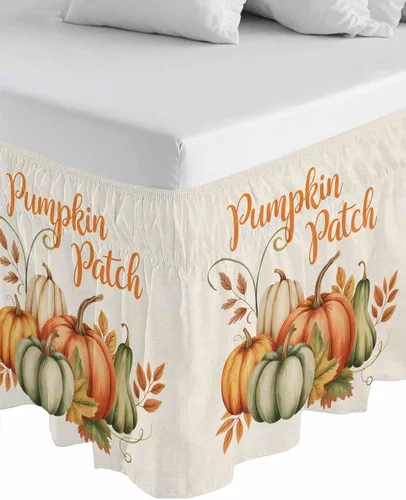 Vista 8 de Falda de cama con parches de calabazas, tamaño Queen de 16 pulgadas de caída, ajustable y elástica, plisada, con volantes de polvo de lujo para cama