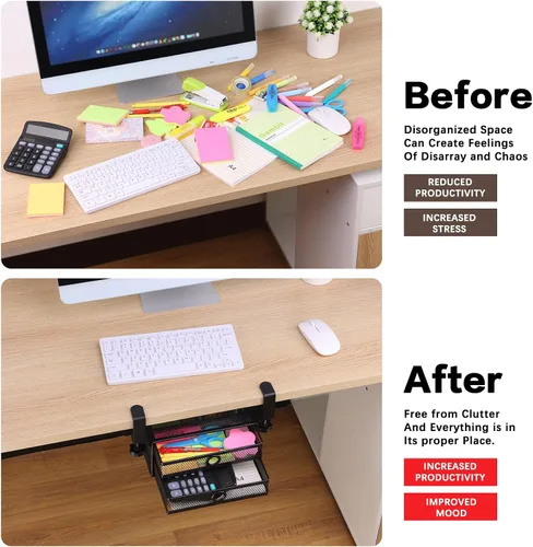 Vista 8 de ROSYLINE Organizador de cajones para debajo del escritorio y escritorio, organizador de cajones deslizantes de metal de 2 niveles, almacenamiento