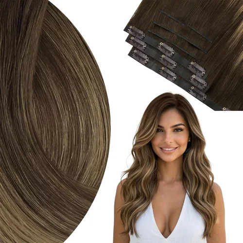 Vista 19 de Ve Sunny Extensiones de cabello clip-in de cabello humano real con reflejos, extensiones de cabello con clip para cabello corto, marrón oscuro