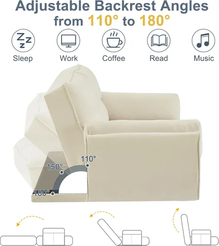 Vista 3 de Sofá cama tipo futón convertible, sofá cama con respaldo ajustable, sofá pequeño de espacio pequeño, sala de estar, dormitorio (beige)
