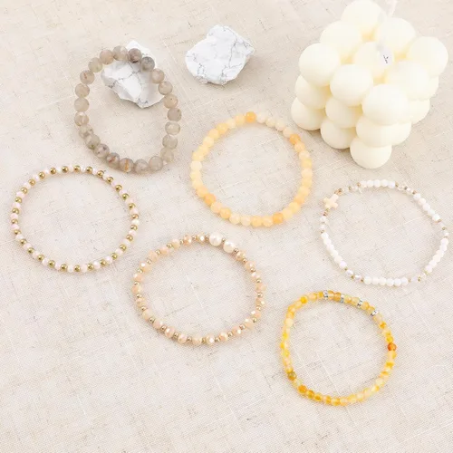 Vista 5 de Pulseras bohemias apilables de cuentas para mujer con dije de cruz, 6 pulseras elásticas de cuentas de piedra natural, cuentas de cristal de perlas