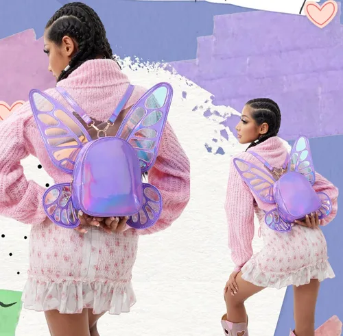 Vista 2 de Mochila holográfica láser para mujer, diseño de alas de ángel de mariposa, casual, mochila de hombro para niñas jóvenes, Morado, S, Mochilas Daypack