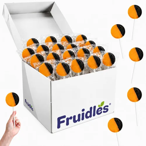 Vista 9 de Fruidles 20 paletas planas de Halloween Pops naranja y negro, ideales para rellenos de bolsas de golosinas de Halloween, regalar, 0.28 oz Pops
