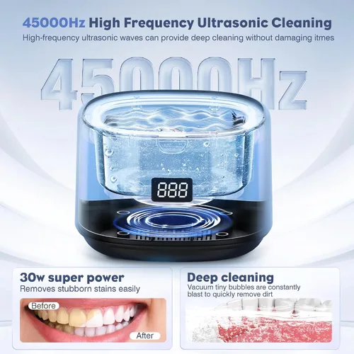 Vista 2 de Limpiador ultrasónico de 30 W, limpiador ultrasónico profesional de joyas, 45 kHz 7.8 fl oz, máquina de limpieza portátil para dentaduras