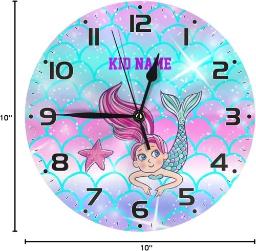 Vista 8 de Reloj de pared personalizado con escamas de sirena coloridas y estrellas de mar para habitación de niños, reloj de pared personalizado con nombre