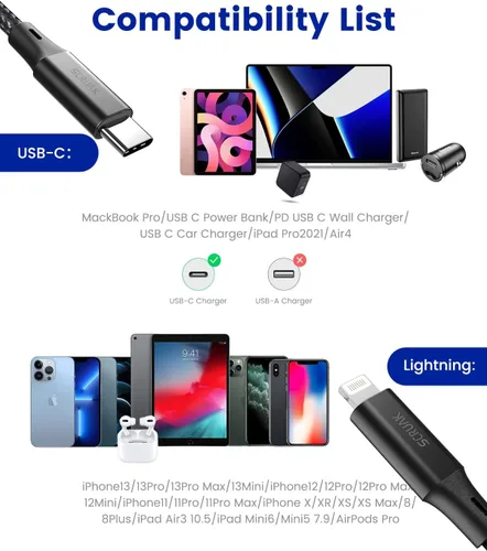 Vista 6 de SCRUAK Cable de carga extra largo para iPhone de 16 pies, 16 pies USB C a Lightning cable de carga rápida de nailon trenzado para iPhone 13/13