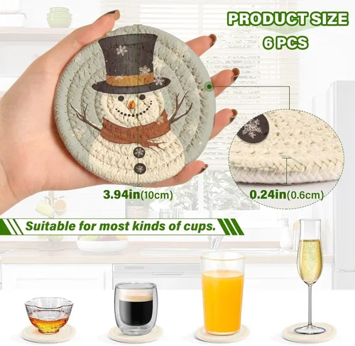 Vista 3 de 6 posavasos absorbentes de muñeco de nieve para protección de mesa, hechos a mano, redondos, tejidos con soporte y resistentes al calor, resistentes