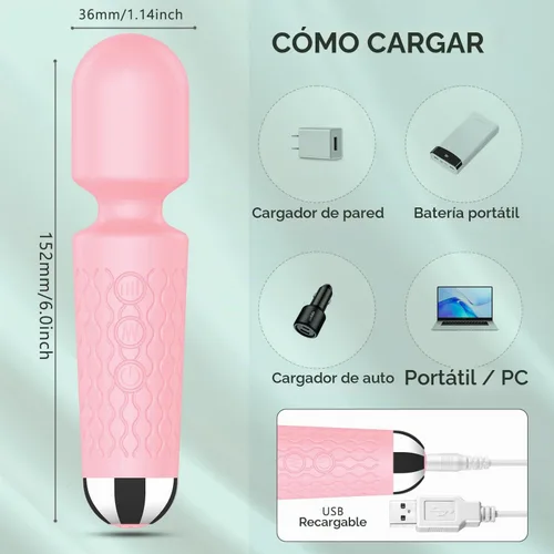 Vista 6 de Masajeador personal de espalda, masajeador de mano impermeable y recargable, 20 velocidades, 8 patrones, masaje de vibración, perfecto para Rosa