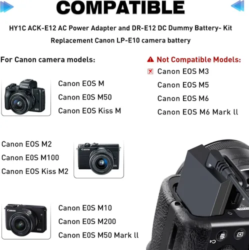 Vista 2 de DR-E12 Acoplador DC LP-E12 Batería ficticia ACK-E12 Kit adaptador de corriente de CA Para cámaras Canon EOS M50, EOS M50 Mark II, EOS M200, EOS