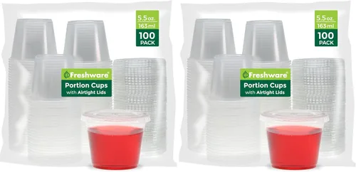 Vista 13 de Freshware Vasos de Plástico para Porciones con Tapas [1 Onza, 100 Juegos] Vasos de Plástico Desechables para Preparación de Comidas, Aderezo