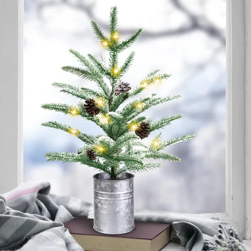 Vista 8 de Árbol de Navidad pequeño de 24 pulgadas, mini árbol de Navidad preiluminado con 60 luces estilo rústico, árbol de mesa de 2 pies Mini Desk