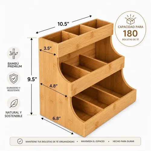 Vista 2 de Theodore Organizador vertical de té de bambú, capacidad para 180 bolsas de té, caja compacta de almacenamiento de té de madera para el hogar